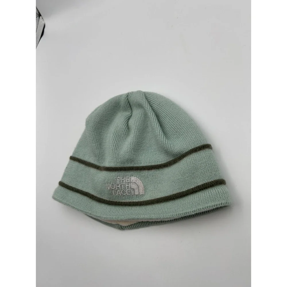 The North Face Wool Beanie Hat Seafoam Green Fleece Lined Striped Y2K Made in CA